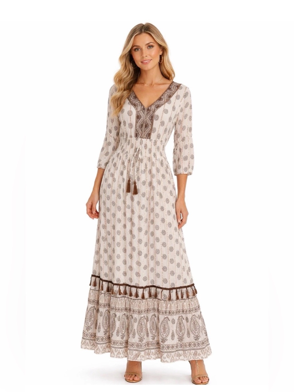 Me 2 Magic Blue Maxi Cottagecore Bohemian Dress with Gold Accents and Tassels